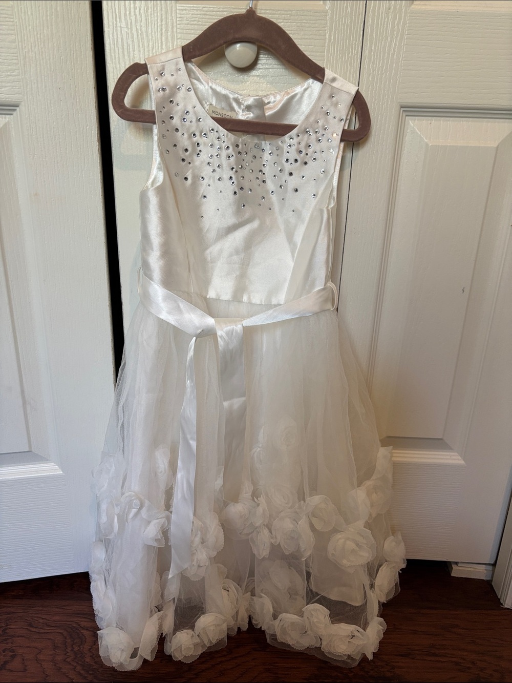 Monsoon White Rhinestone Bodice Tulle Flower Skirt Dress